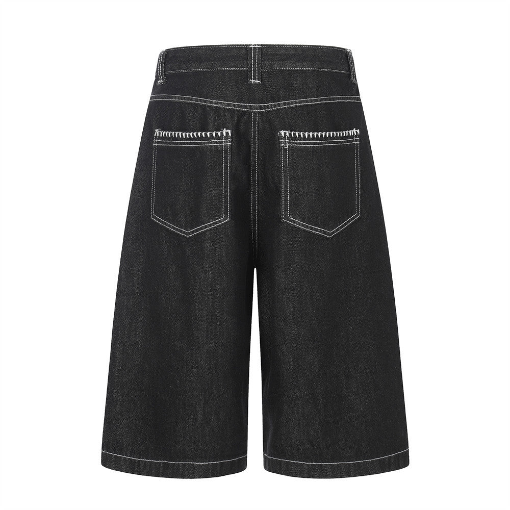 Jeans by eprolo: black denim five-pocket workwear pants with white contrast stitching, back view