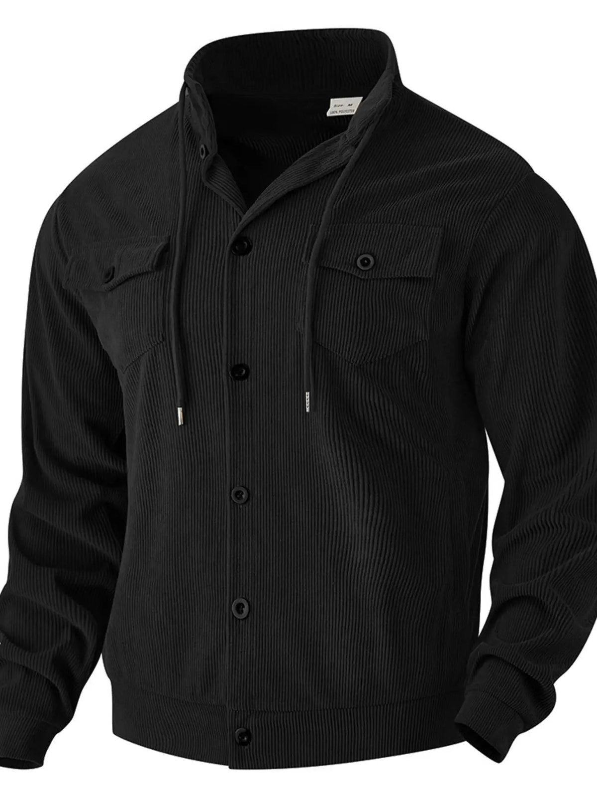 Men's plus-size black corduroy button-up casual jacket with front chest pockets