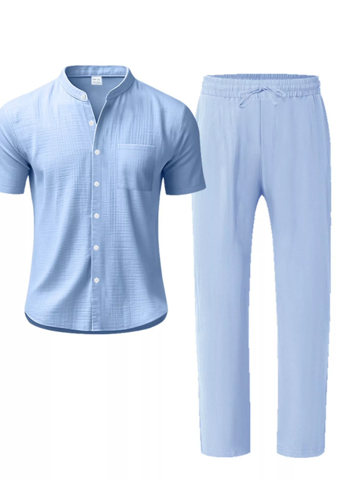 Men's plus-size casual button-up short-sleeve shirt and pants set in light blue, 2-piece