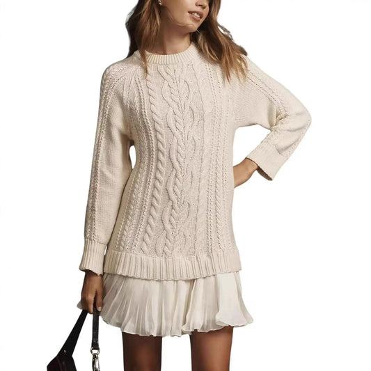 Women cable-knit sweater pullover in cream, relaxed fit by eprolo