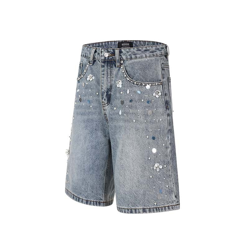 Handmade beaded washed denim shorts, blue denim with silver bead embellishments by eprolo