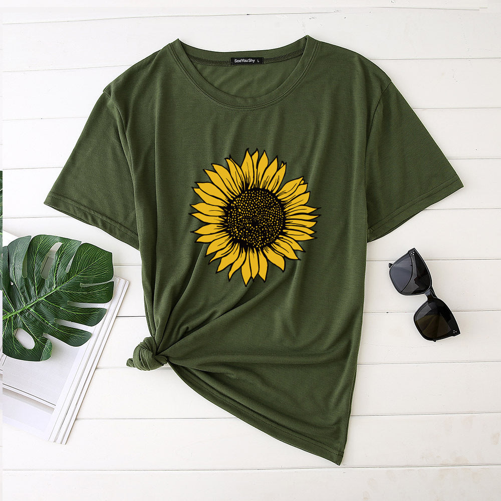 T-shirt Tournesol Femme Manches Courtes Col Rond Nouveau