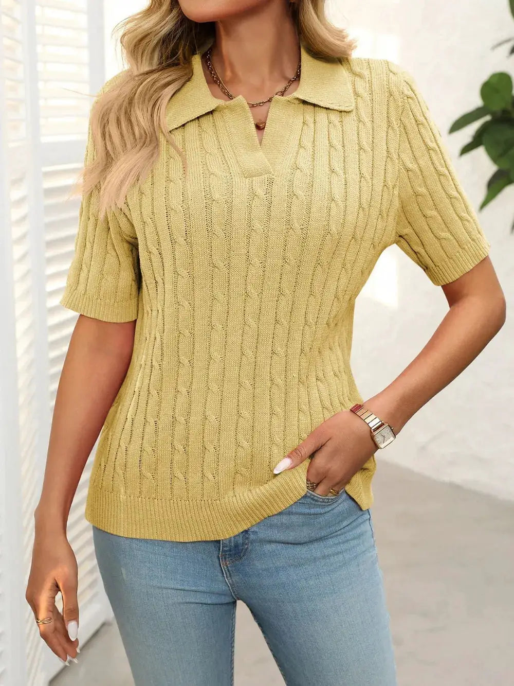 Soft cable-knit half-sleeve sweater in pale yellow, women's casual pullover top.