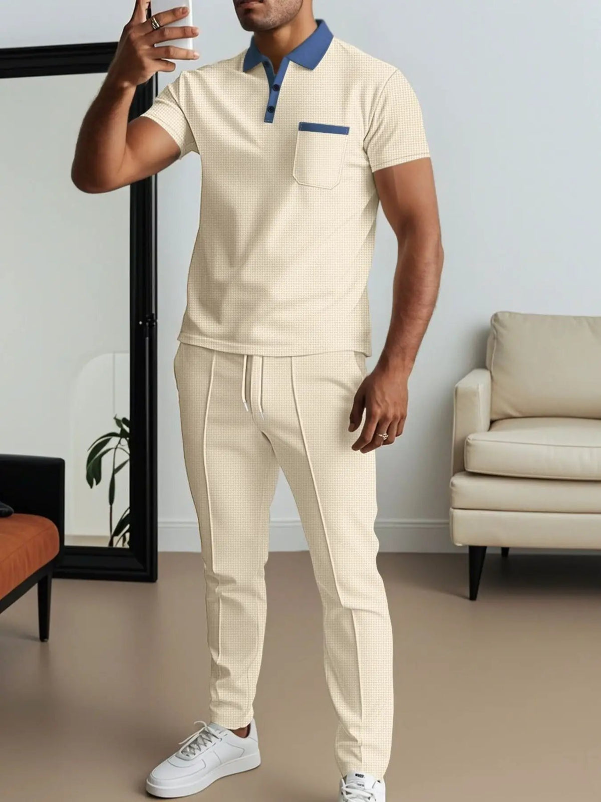 Men's beige short-sleeve polo and pants set with blue collar and pocket trim, plus size, Trendsi.