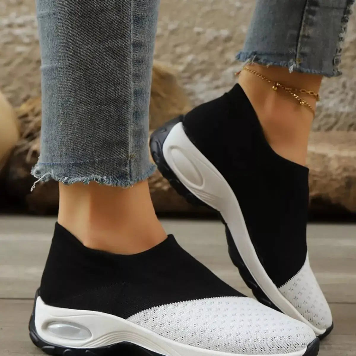 Color Block Mesh Athletic Shoes, black knit upper with white sole, slip-on pair