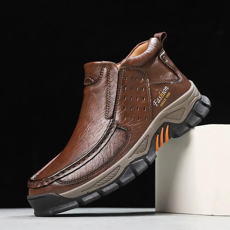 Mens casual brown leather ankle boots with rugged sole