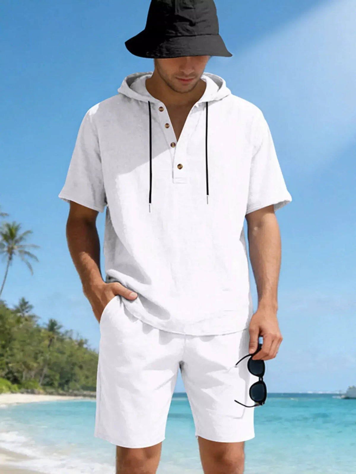 Mens linen-blend hooded top and white shorts two-piece set by Trendsi, beachwear.
