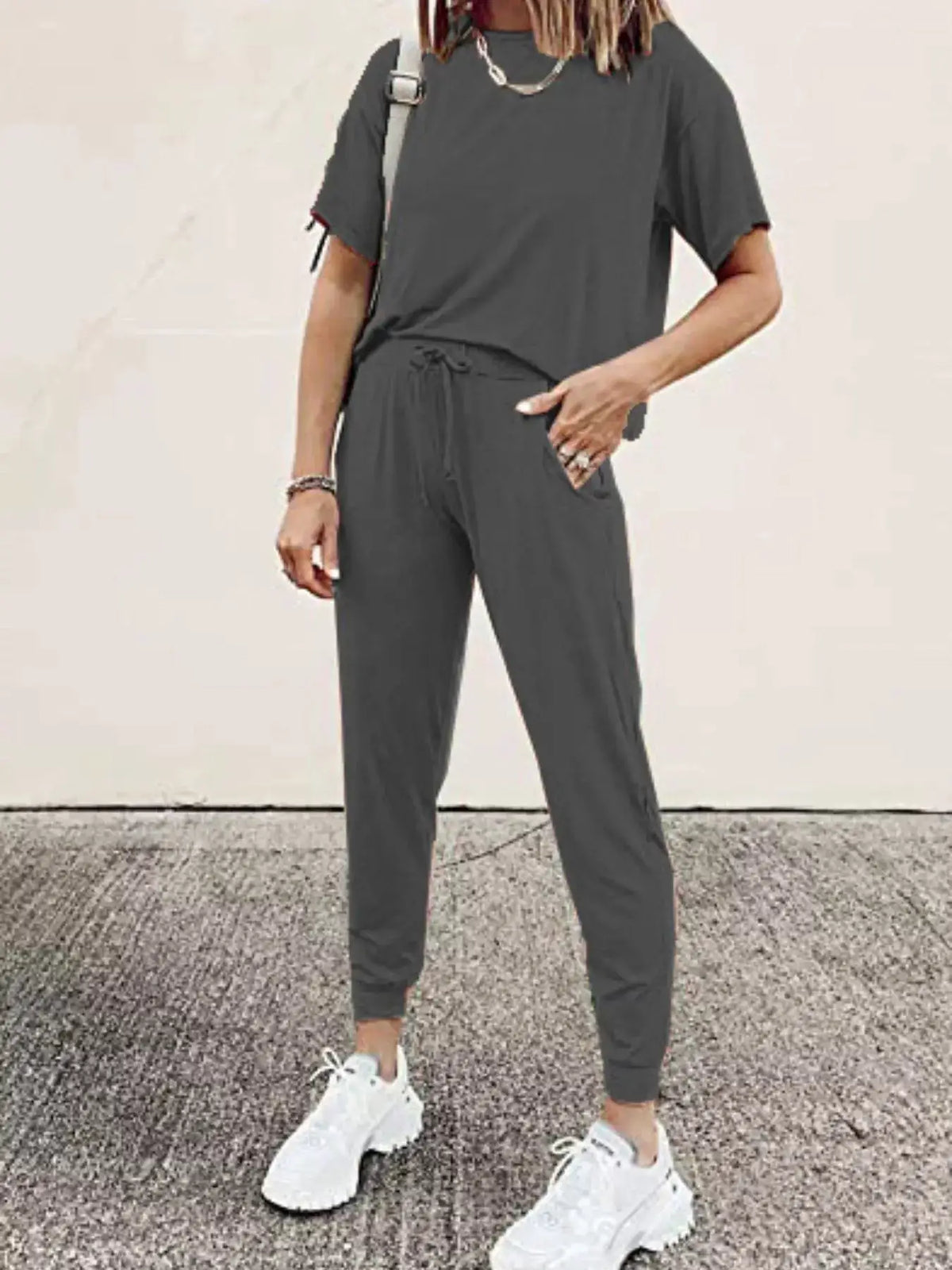 Trendsi plus-size gray round-neck top and drawstring pants set