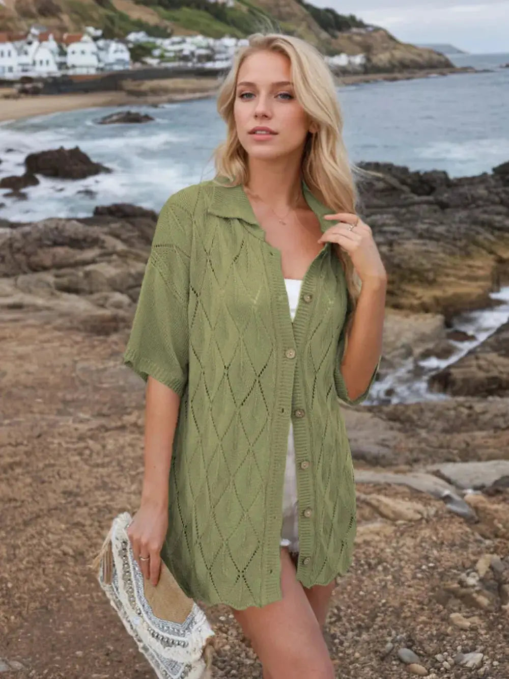 Womens button-down eyelet knit shirt in olive green with collared neck by Trendsi