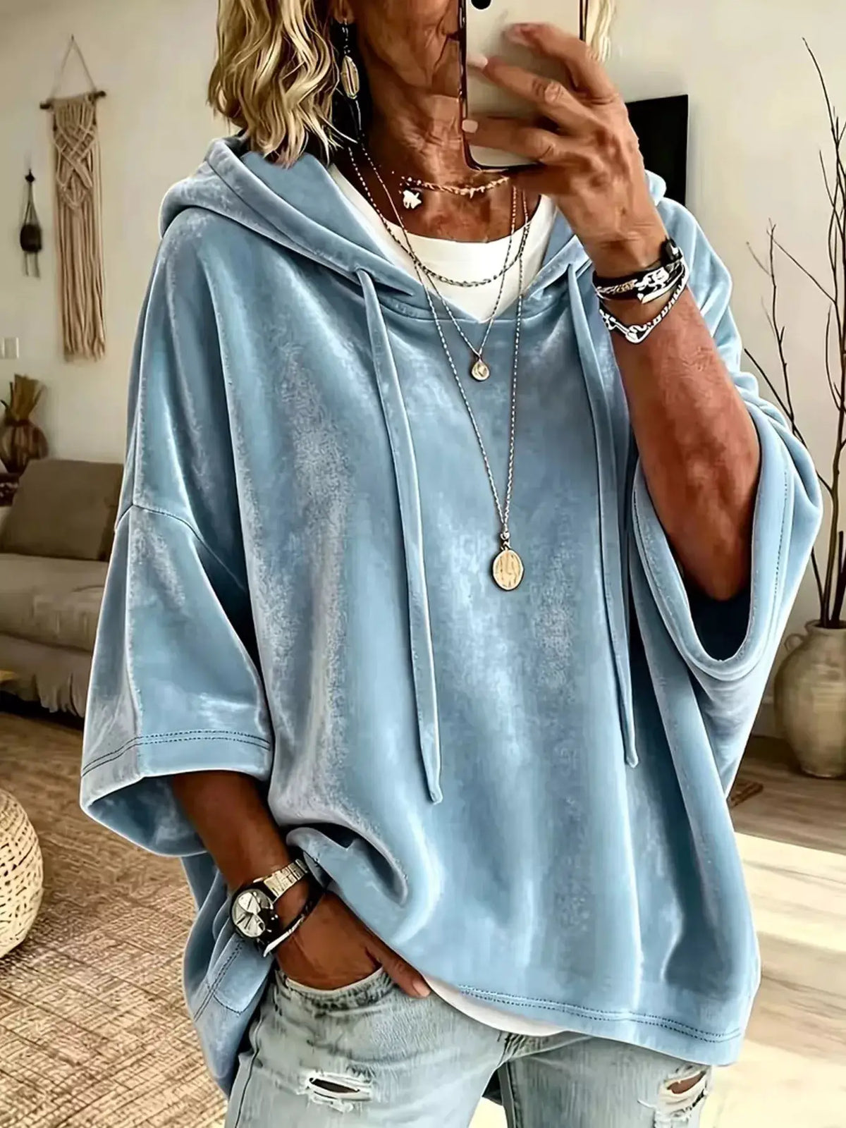 Velvet Loose Fit Hoodie with Drawstring – light blue velour, oversized casual style.