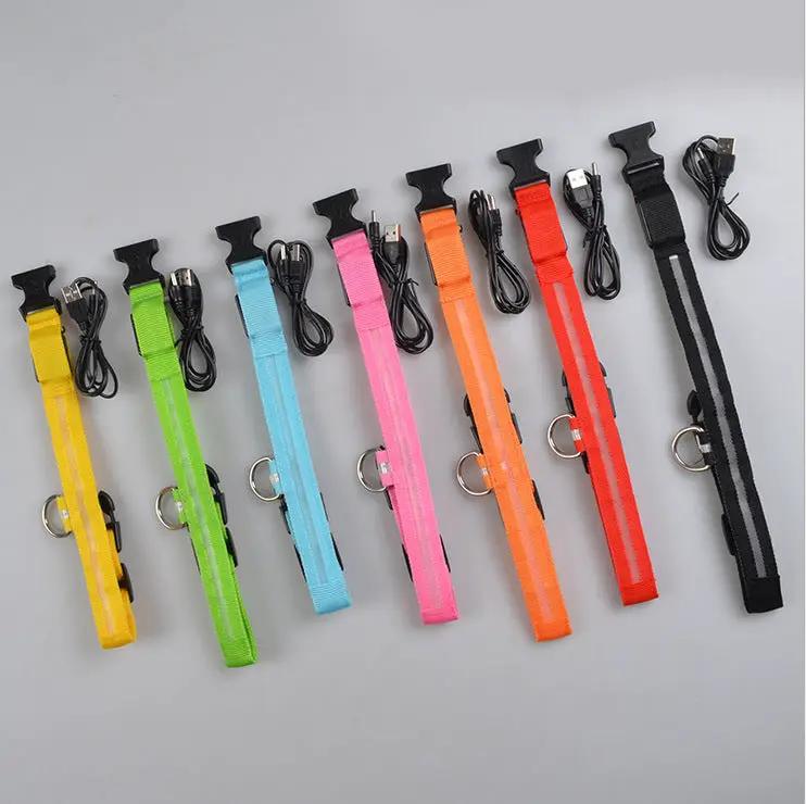 Nylon LED pet collars, adjustable, in bright yellow, green, blue, pink, orange, red and black with USB charging cables