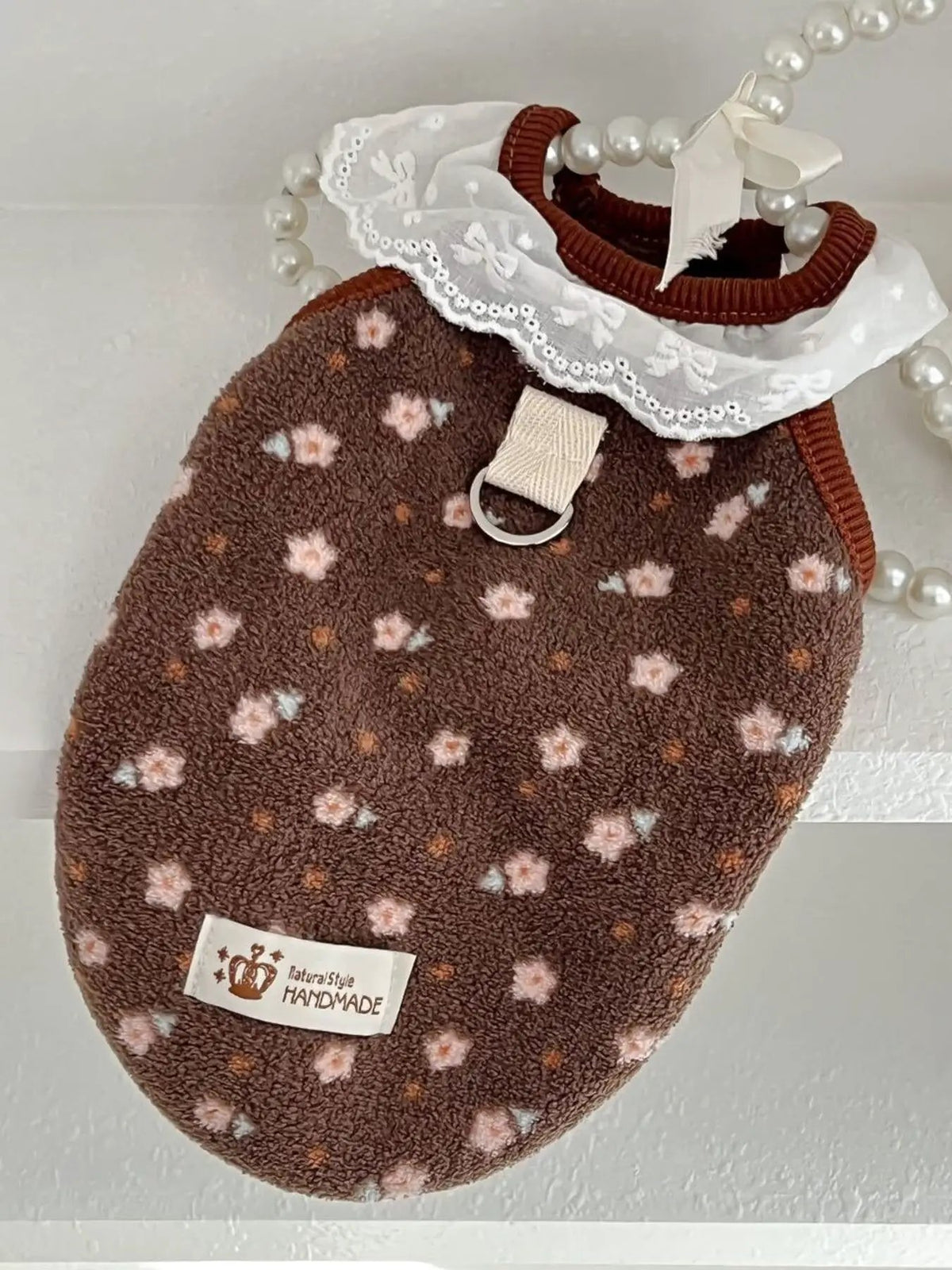 Fleece Pet Top with Lace Collar, brown fleece with pink floral spots and white lace collar