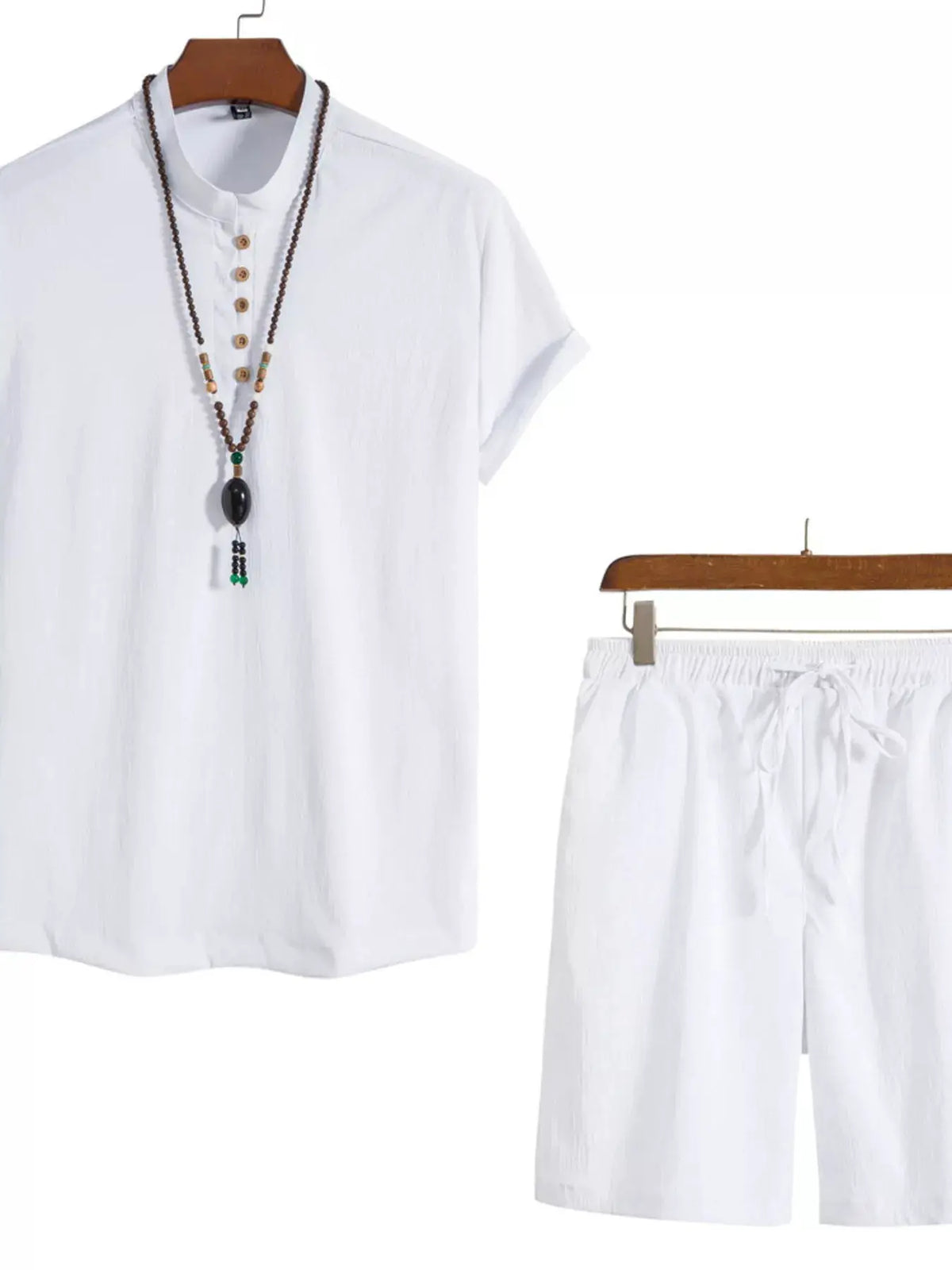 Trendsi men's plus-size white mandarin-collar short-sleeve shirt and shorts set, two-piece ensemble