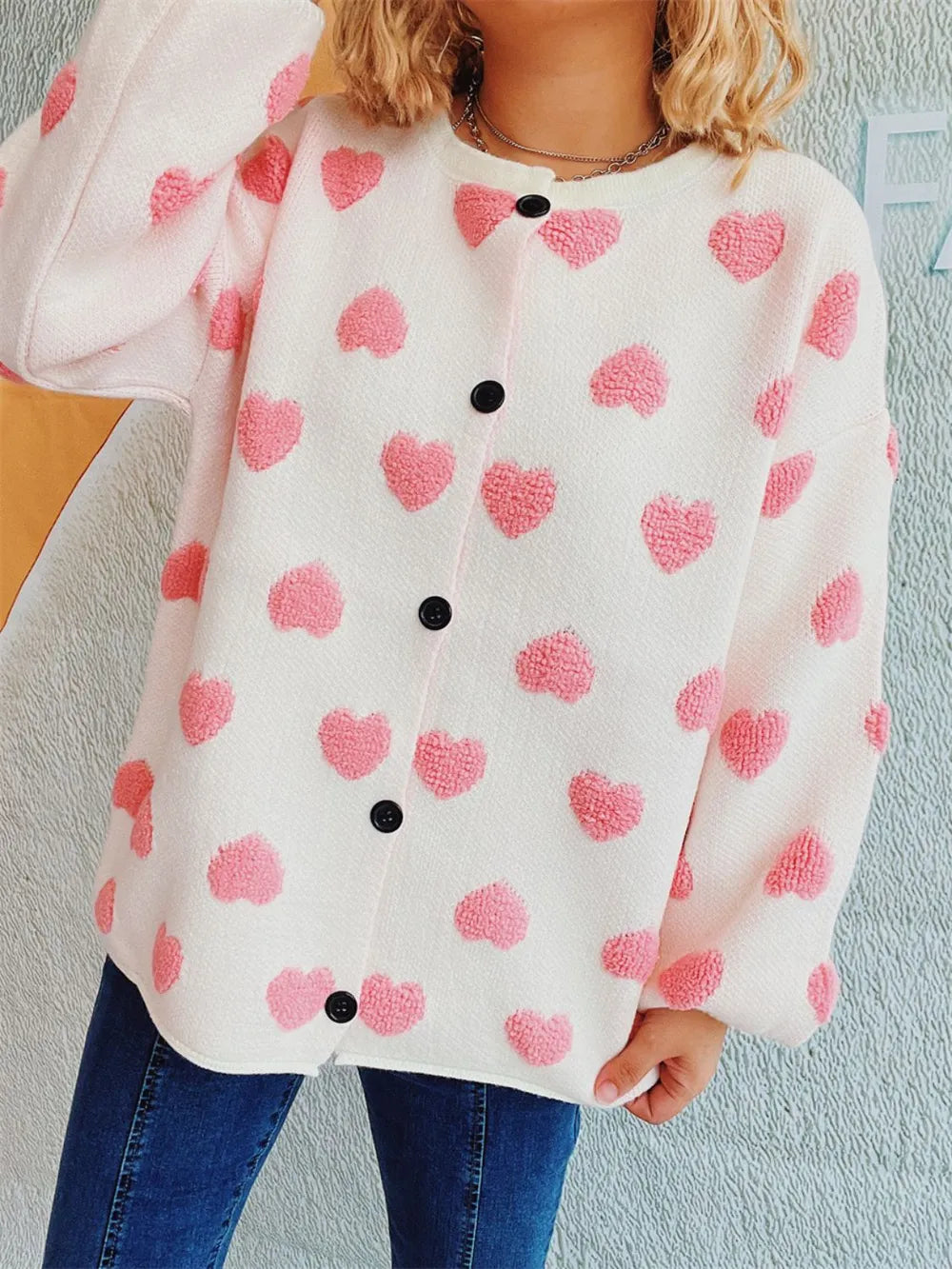 Cozy Heart Button Front Long Sleeve Stretch Knit Cardigan, white with pink hearts, black buttons