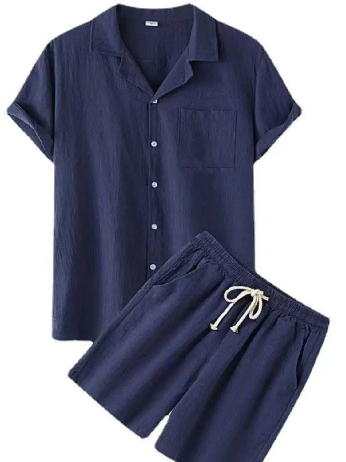 Men's navy 100% cotton button-up short-sleeve shirt with chest pocket and matching drawstring shorts set