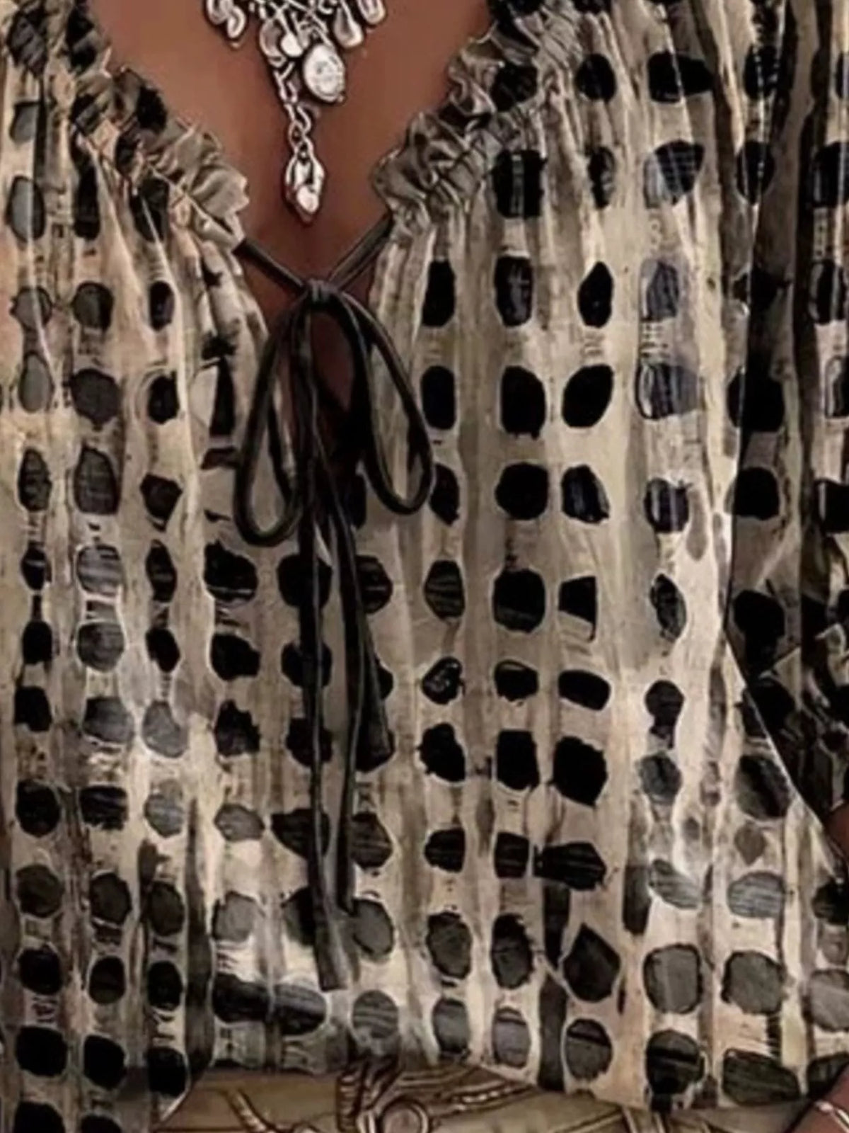 Trendsi plus-size tie-neck blouse, white with black dot pattern and 3/4 sleeves