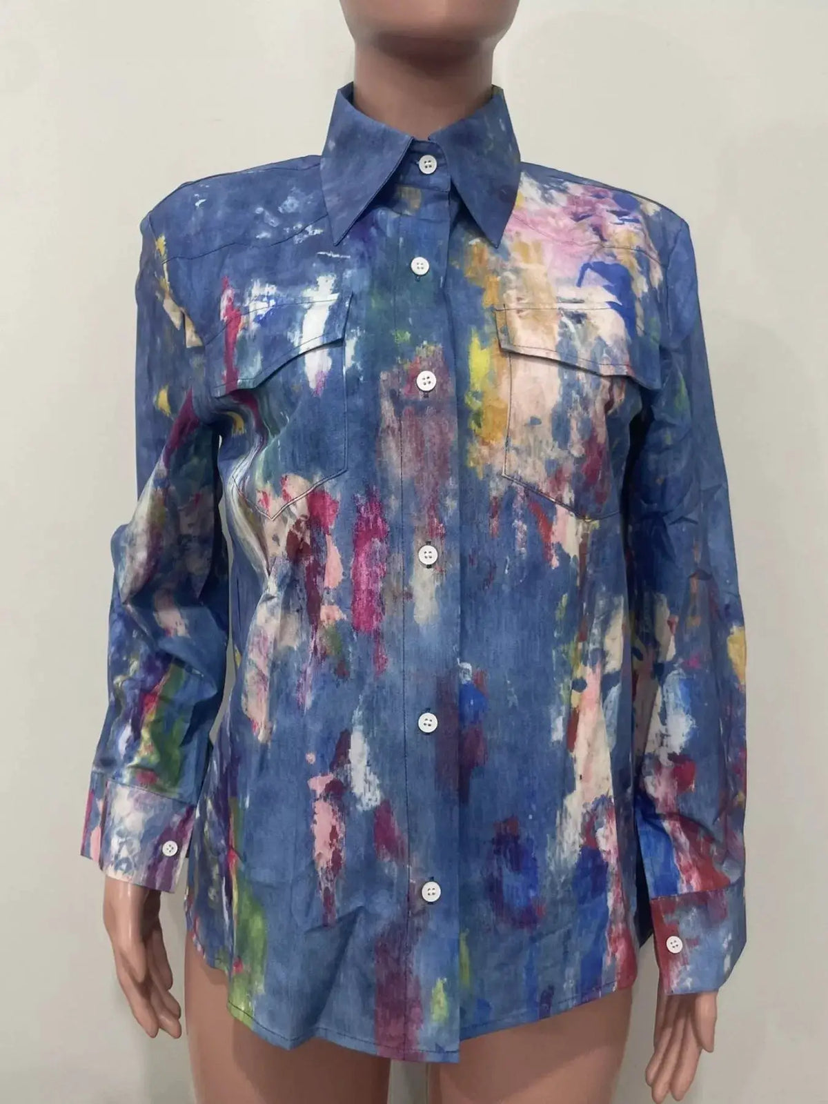 Women's hand-painted denim shirt with long sleeves in a blue multicolor brushstroke pattern
