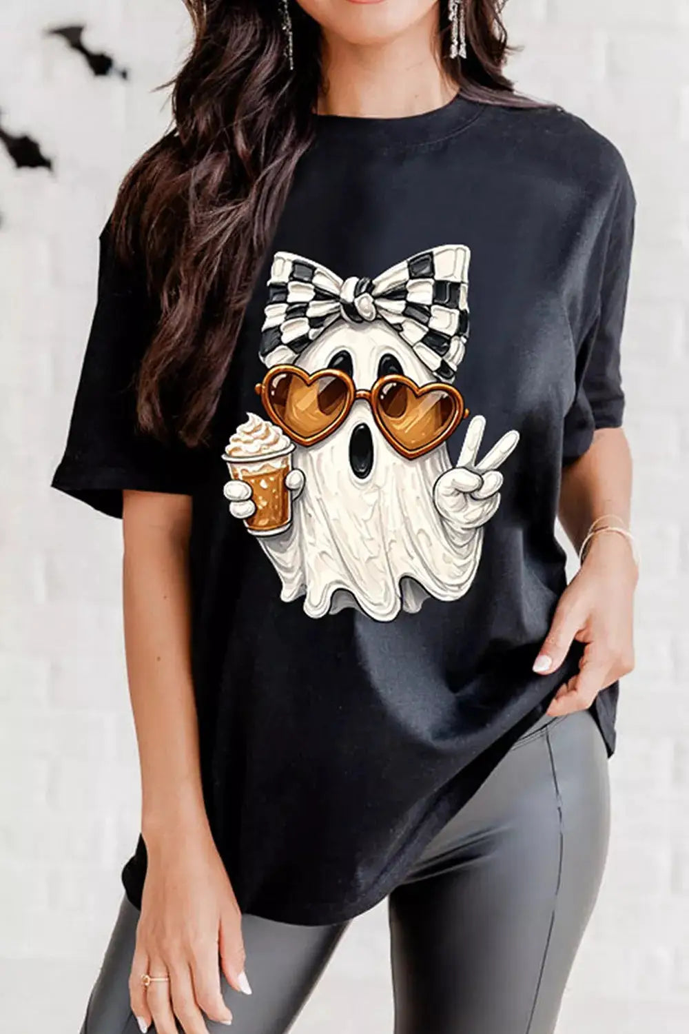 Full Size Halloween Ghost Graphic Short Sleeve T-Shirt in black featuring a bow-topped ghost with heart sunglasses.