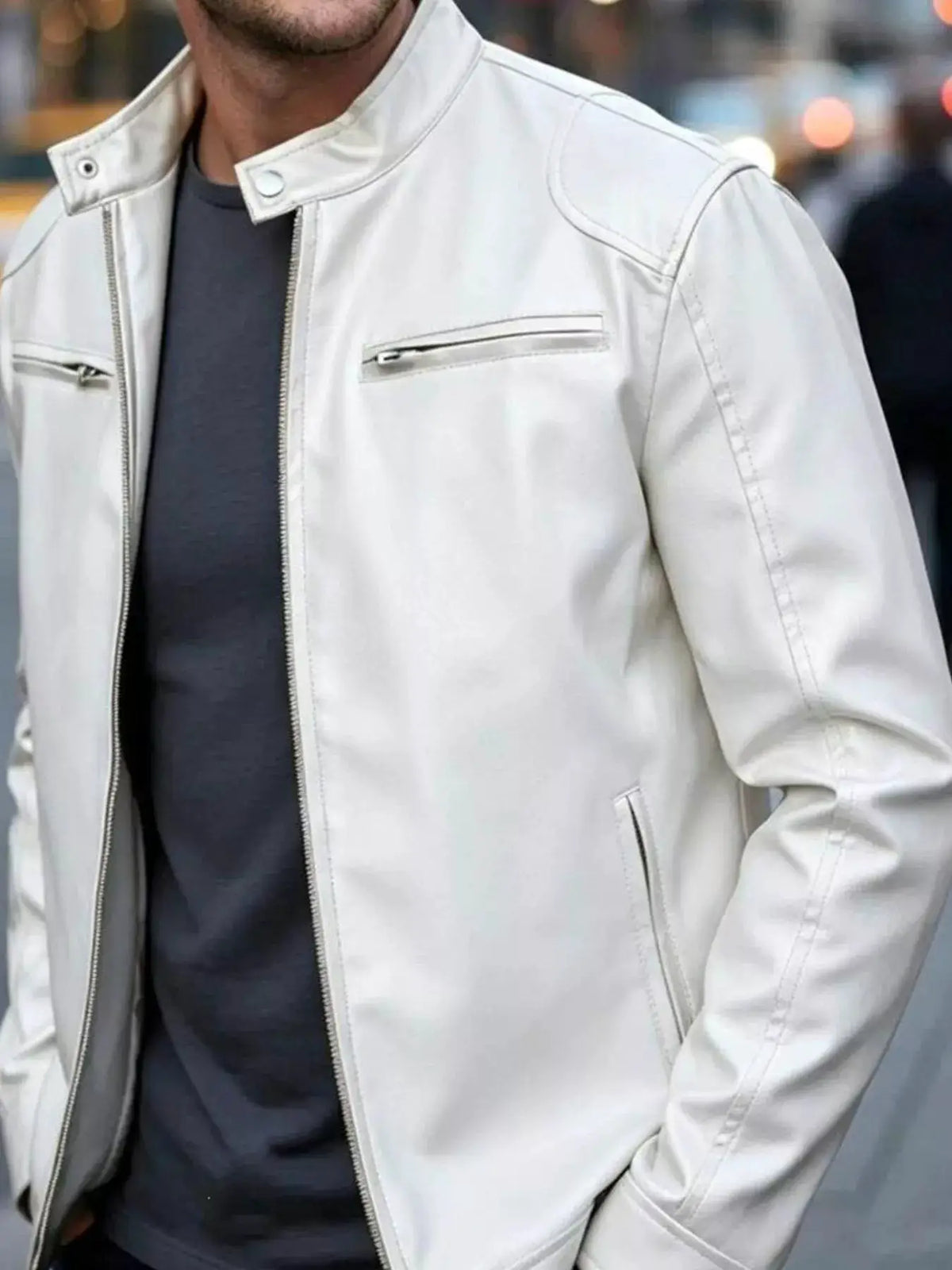 Men's white faux leather bomber jacket with zip pockets from Trendsi