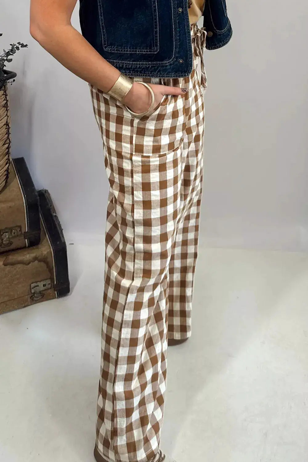 Gingham Plaid Tie Elastic Waist Shift Pants in brown and white check.