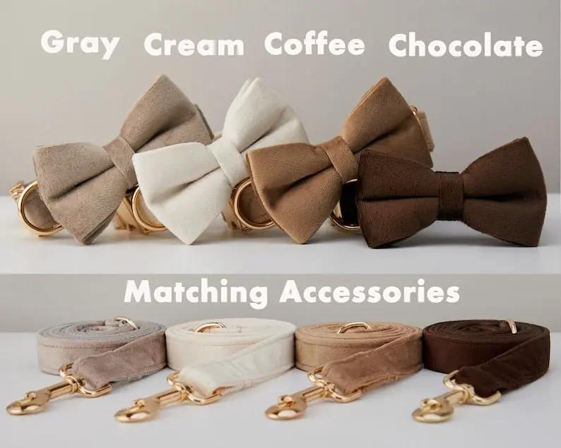 Velvet dog collar and leash set with bows by AdTec, 8-piece in gray, cream, coffee, and chocolate