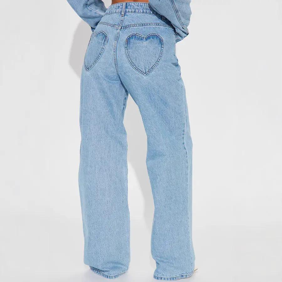 Straight Slimming Trousers Love Pocket High Waist Loose Jeans by AdTec in light blue denim with heart-back pockets
