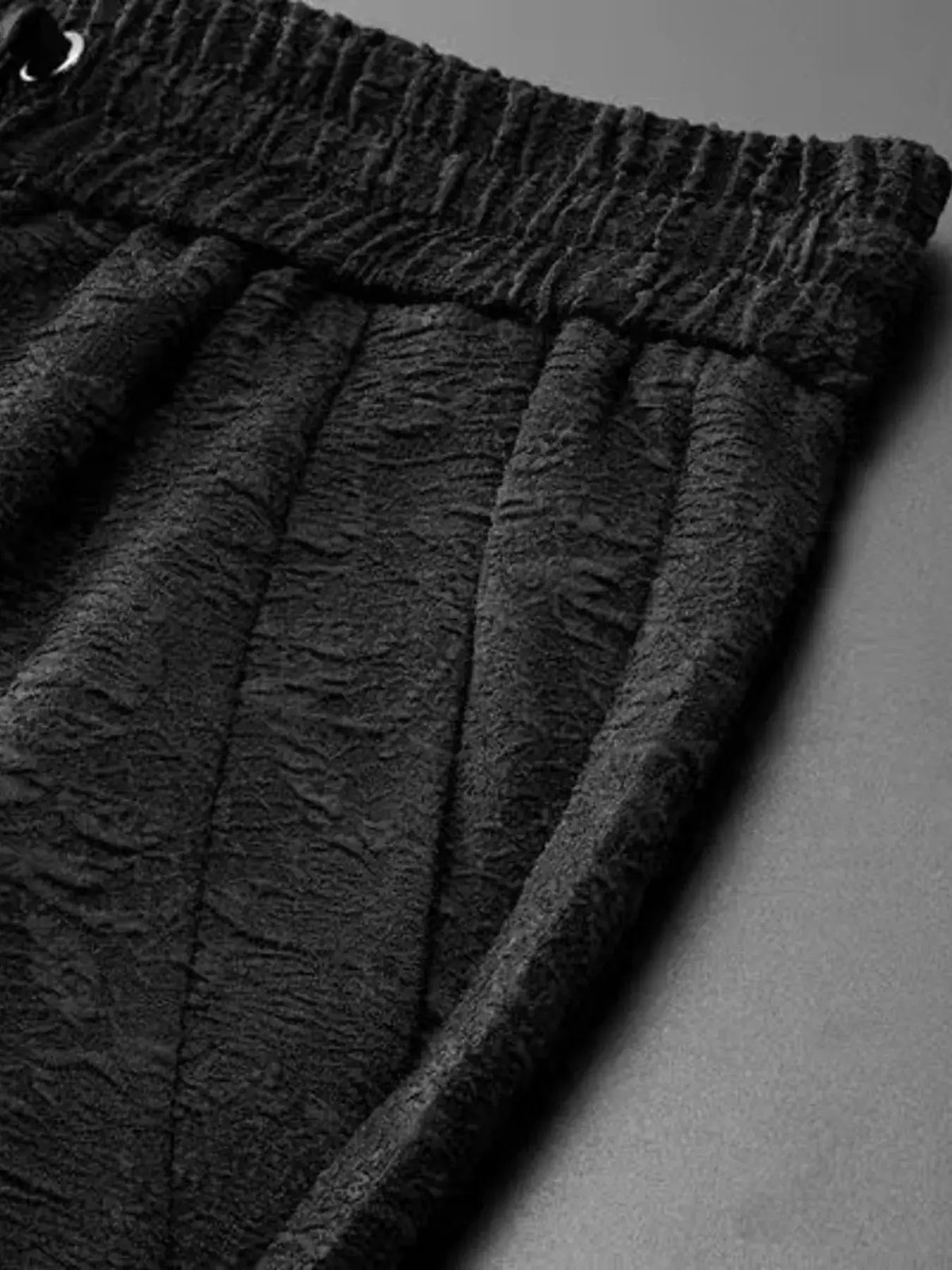 Mens Plus Size Button Up Shirt With Elastic Waist Pants Set; close-up of black textured fabric waistband