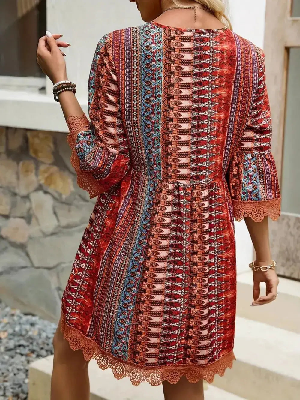 Lace Trim Printed V-Neck 3/4 Sleeve Dress by Trendsi, red-orange boho pattern with turquoise accents.