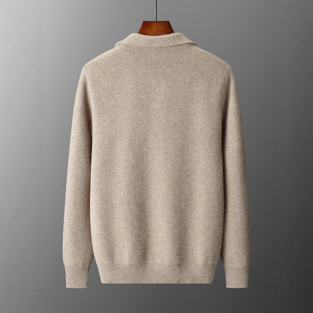 Men's cardigan in beige, solid-color knitted with ribbed cuffs and hem.