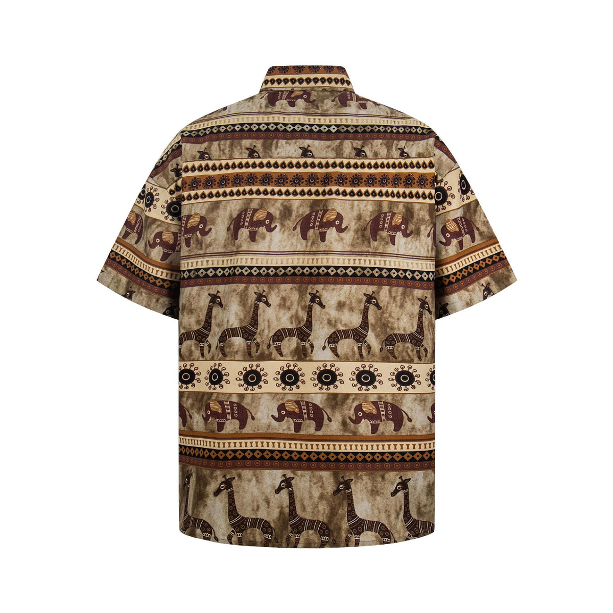 Elephant-printed short-sleeve shirt in brown and beige with geometric tribal bands