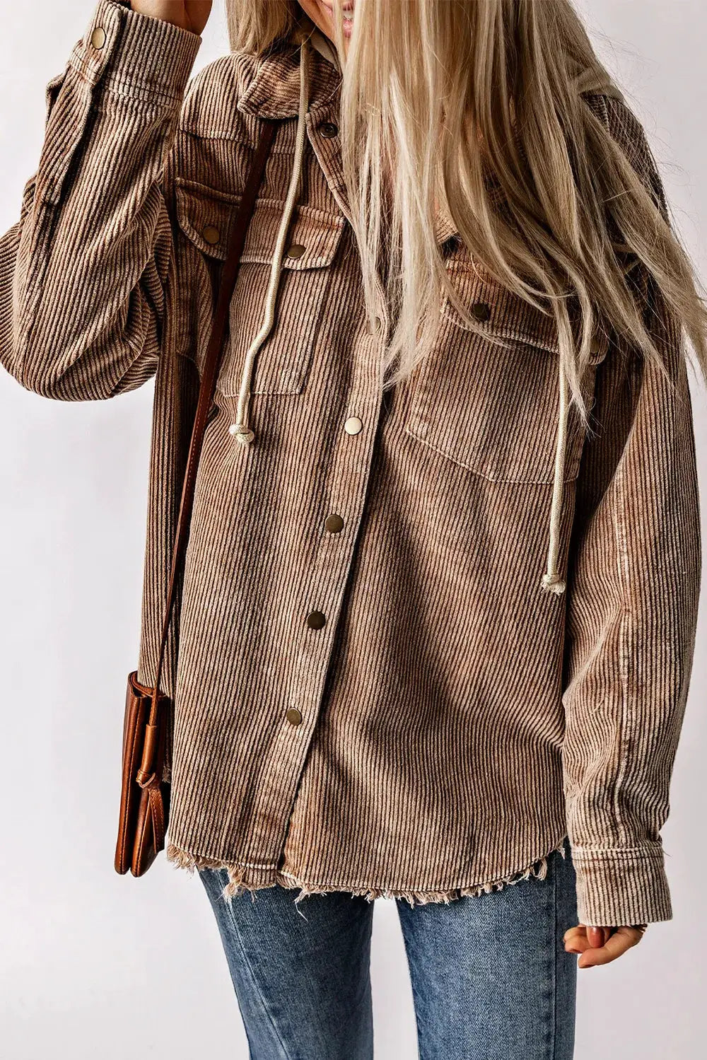 Snap Front Hooded Corduroy Shacket in tan-brown with chest pockets and frayed hem
