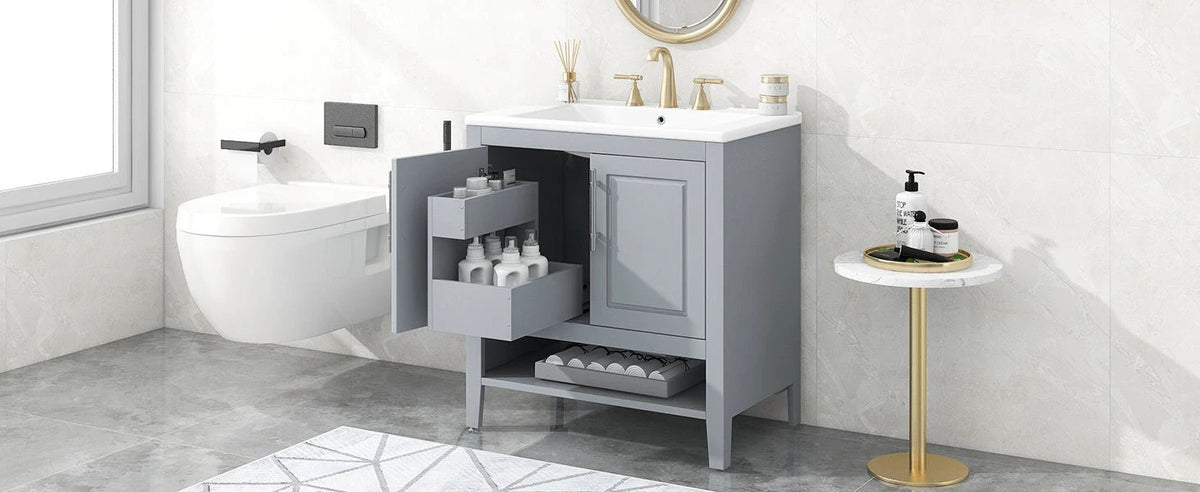 30" Bathroom Vanity with Sink, Multi-functional Bathroom Cabinet with Doors and Drawers, Solid Frame and MDF Board, Grey by eprolo