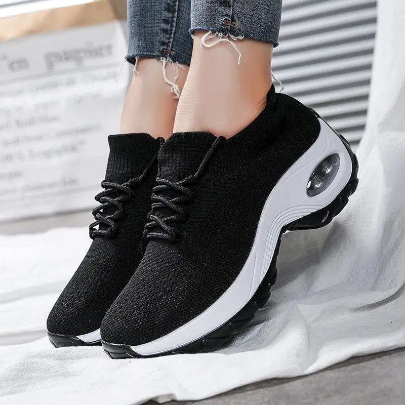 AdTec women's flying knit sneakers, lace-up, black knit upper with white midsole