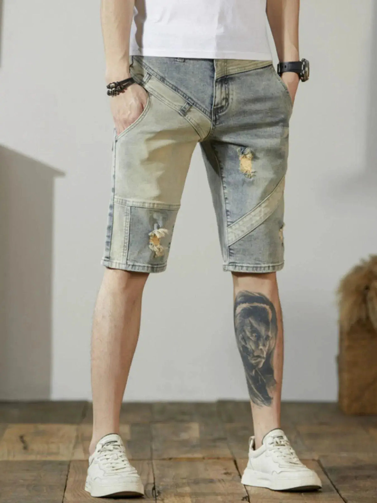 Trendsi men's relaxed stretch cotton denim shorts with distressed patchwork wash