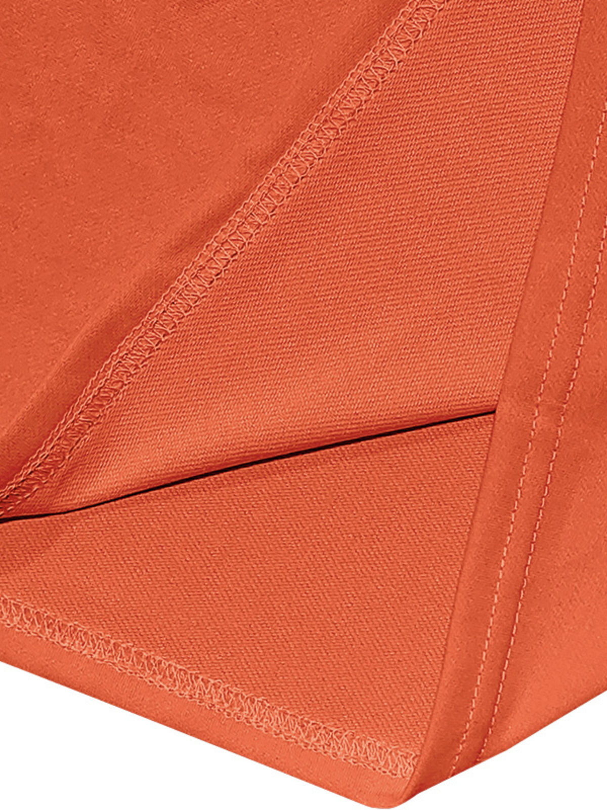 Men's orange T-shirt and shorts set fabric close-up showing reinforced stitch detail.