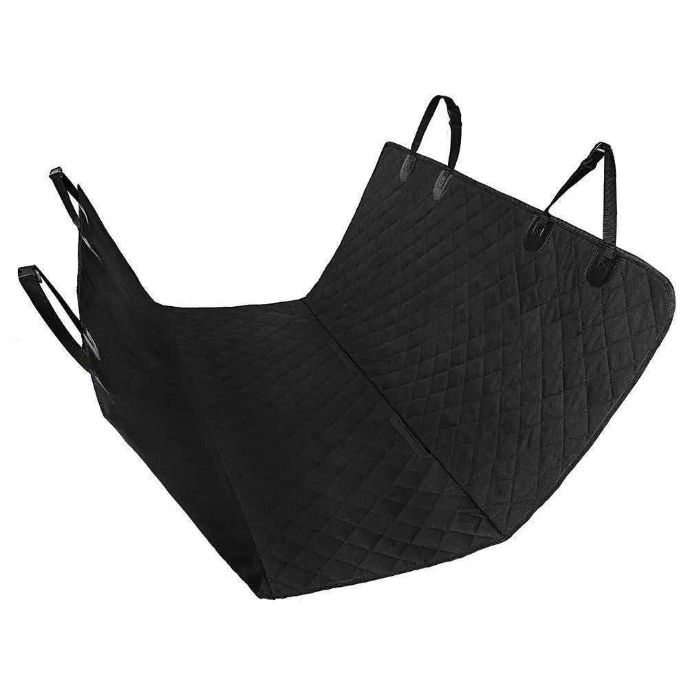 Dog car seat cover hammock in black quilted fabric with straps for rear-seat protection