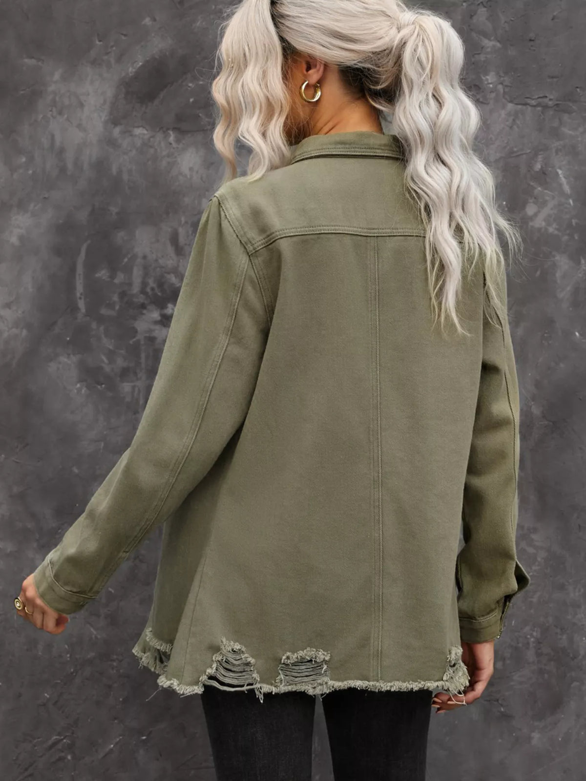 Olive green heavyweight denim shirt jacket with distressed raw-hem bottom
