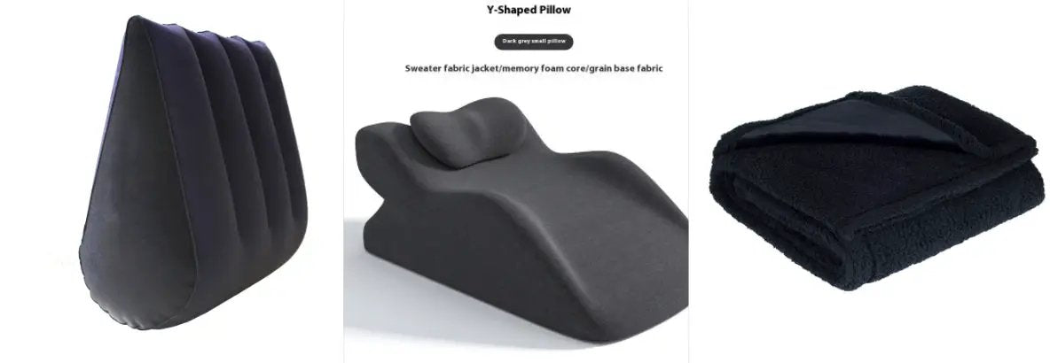 Pillow set by AdTec: two black cushions and a folded black blanket