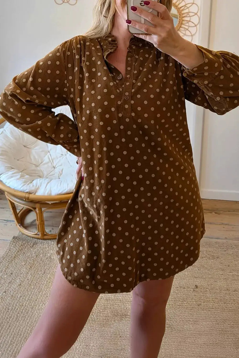 Polka dot V-neck long-sleeve button shift dress by Trendsi in brown with beige dots