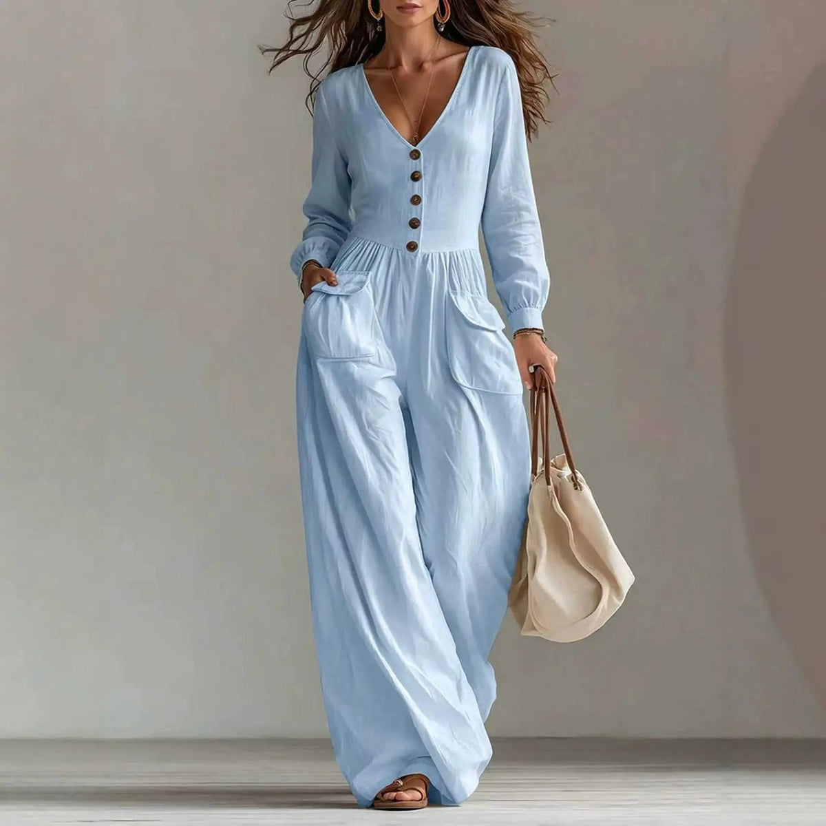 Jumpsuit AdTec, light blue V-neck long-sleeve with front buttons and pockets