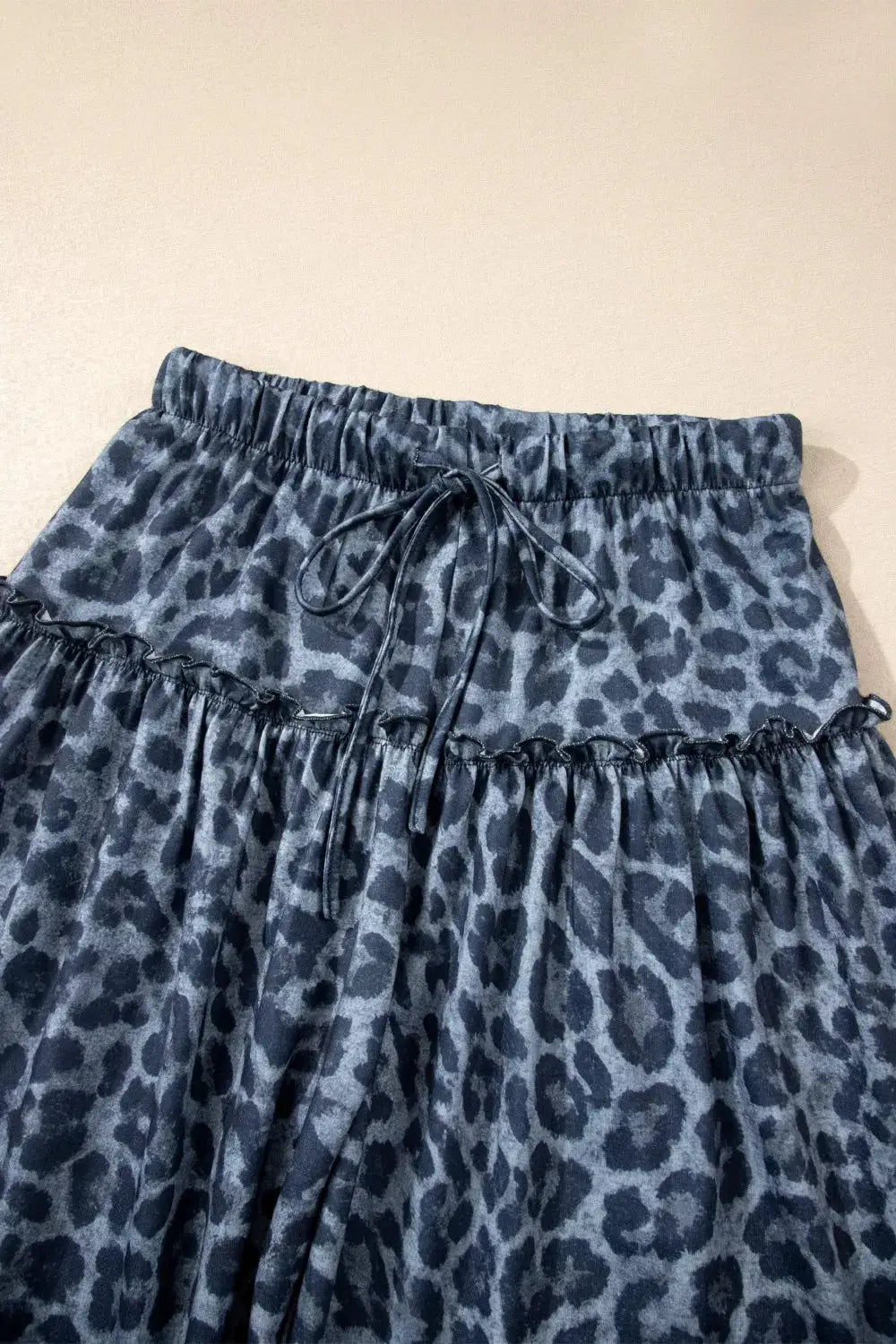 Leopard Print Frilled Detail Drawstring Wide-Leg Palazzo Pants, blue leopard pattern, Trendsi