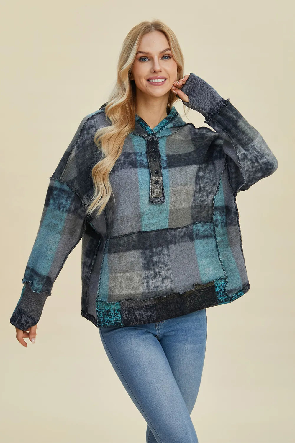 Double Take plus-size plaid fleece hoodie with dropped shoulders in teal and gray.