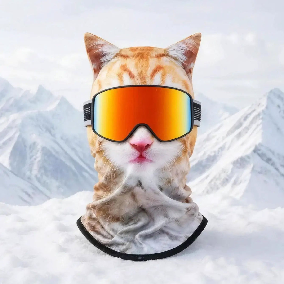 Realistic winter ski balaclava mask, cat wearing orange mirrored ski goggles in snowy mountains