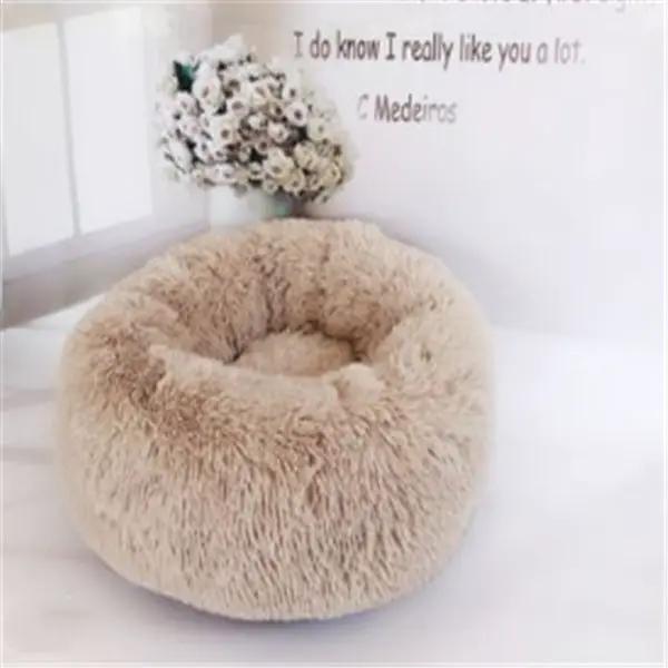 Round plush long-hair beige cat nest bed with fluffy fur