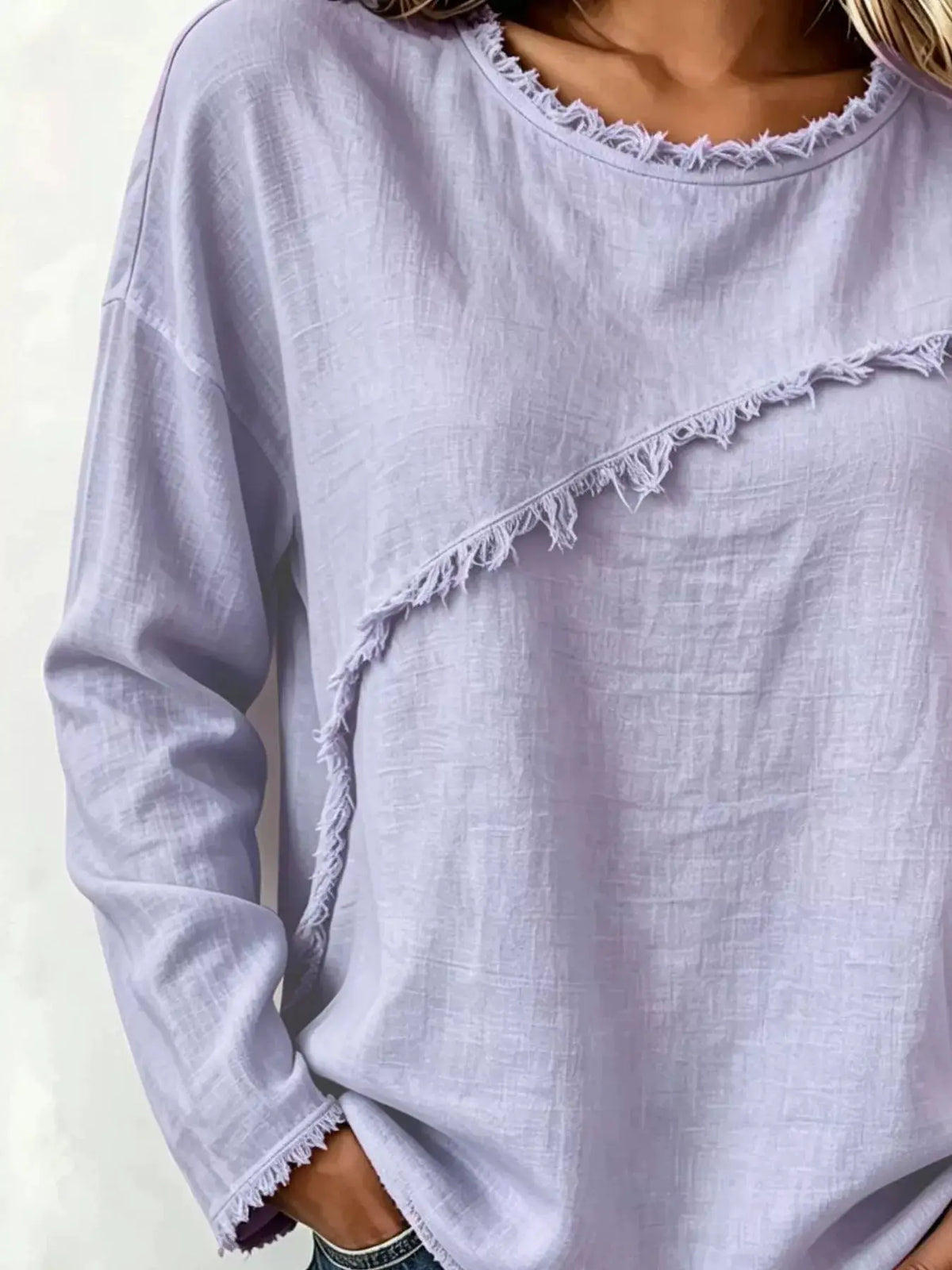 Frayed Hem Dropped Shoulder Blouse in lavender linen-textured fabric