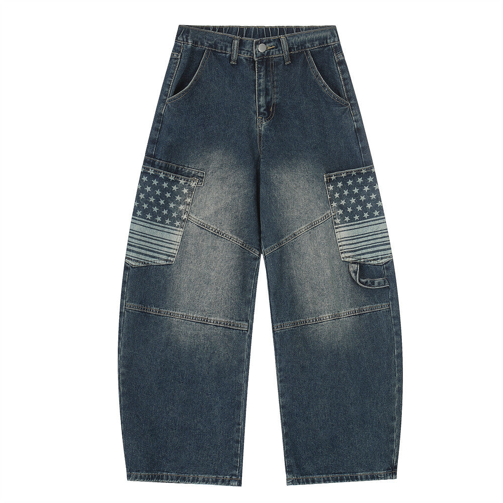 Washed denim workwear pants by eprolo, blue cargo jeans with star-flag patch pockets