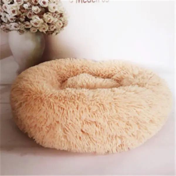 Round plush beige cat nest bed by AdTec, shaggy long-hair mattress