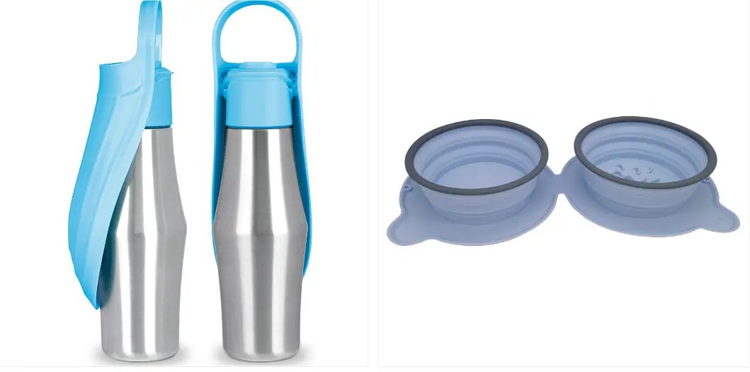 AdTec two stainless steel portable pet water bottles with blue silicone leaf design and two collapsible bowls