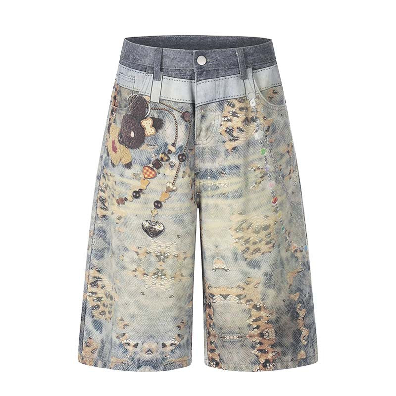 Pendant 3D digital printed washed denim cropped shorts in blue by eprolo