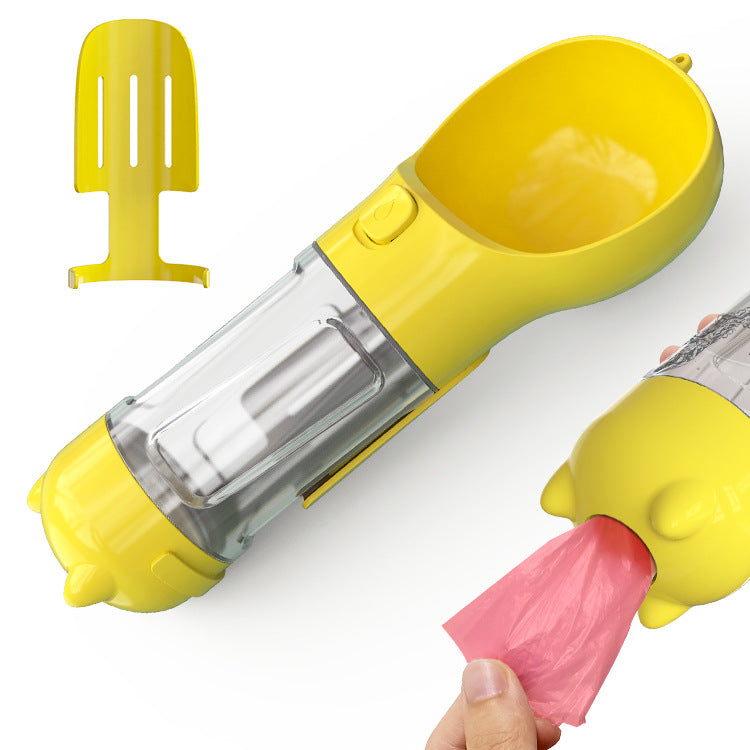 Dog water bottle 3-in-1 with feeder bowl and poop bag dispenser in yellow